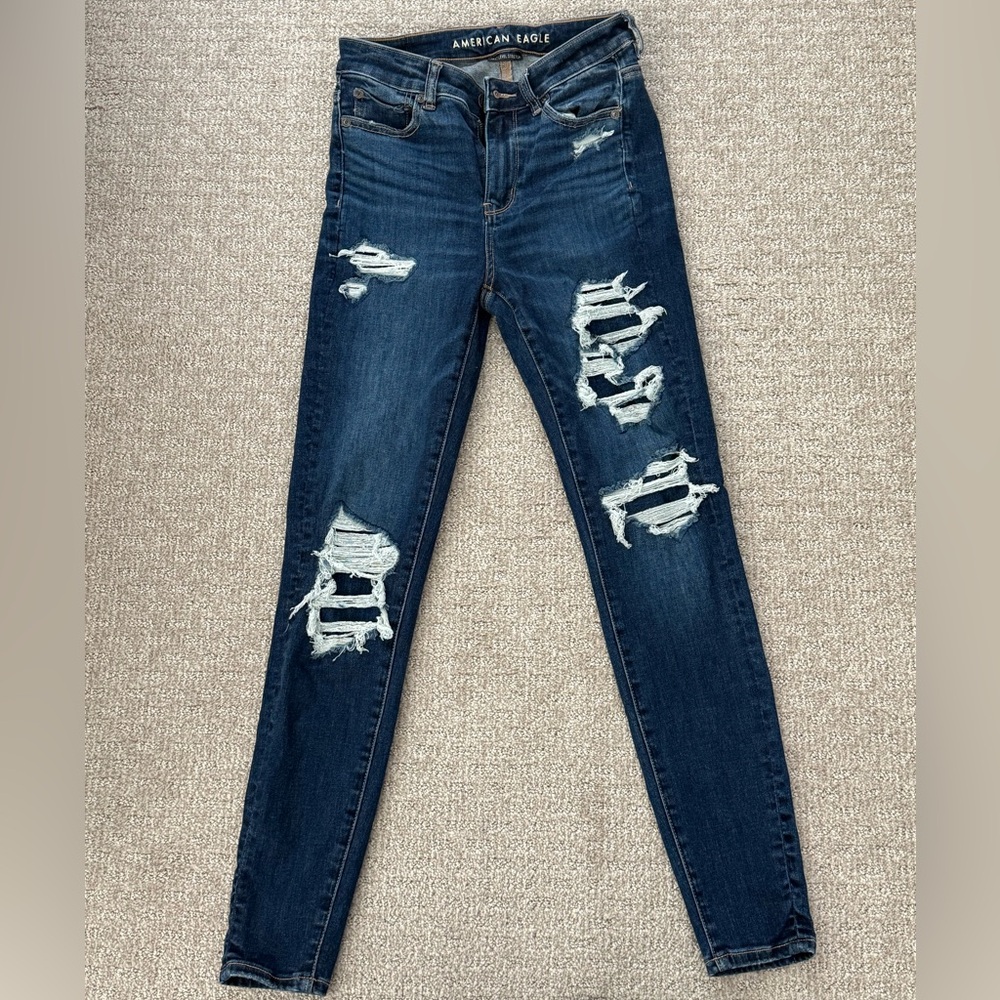 American Eagle Outfitters Blue Skinny Jeans with Distressed Details